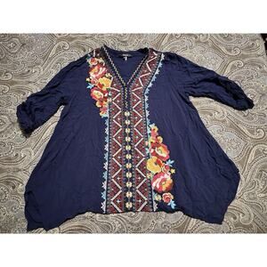 Andree by Unit Embroidered Tunic Blouse Navy Blue Size Small